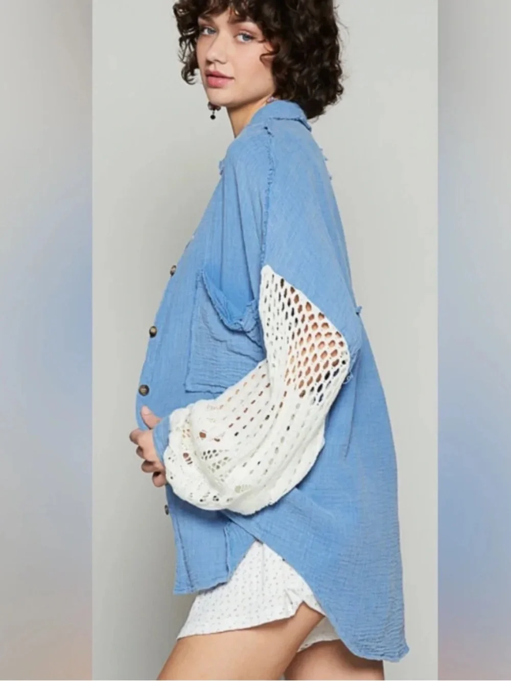 POL Clothing Blue Cotton Gauze Crochet Sleeve Button Up - Picture 5 of 8